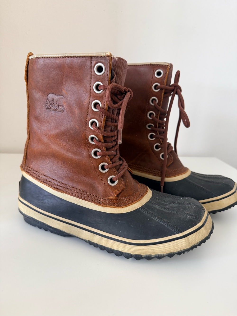 Sorel Brown Leather and Black Rubber Lace-Up Women's Winter Boots